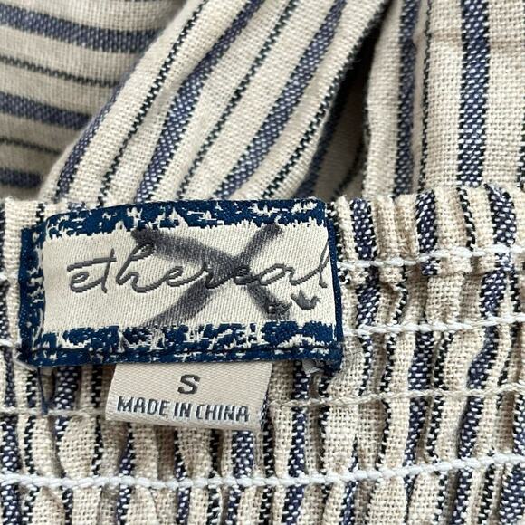 Anthropologie Ethereal Striped Linen Cotton Romper Button Front Cream Blue, S - Picture 3 of 10